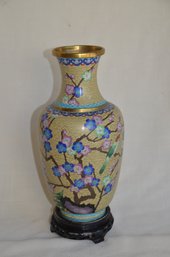 48) Vintage Chinese Cloisonne Vase With Cherry Blossoms & Birds On Stand 12.5'H