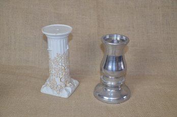 (#139) Candle Pillar Holders 6' Silver Metal ~ Porcelain 6.5'H