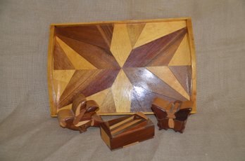(#85) Wood Inlay Tray 15x10  ~ 3 Wood Carved Puzzle, Bird, Butterfly & Box