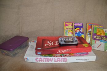 (#308) Assorted Games: Candyland, Scrabble, Uno, Crayons, Madeline VHS Tapes
