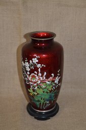 (#131) Metal Red Floral Hand Painted Design Vase 8.5'H With Wood Base