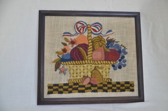 145) Vintage Framed Crewel American Flag Basket Of Fruit Nicely Framed 18x16