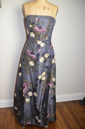 (#121LS) Kay Unger Off Shoulder Gown Grey Pink & Beige Poppy Flower Applique Size 8 -shippable
