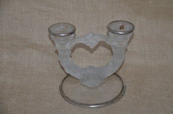 (#96) Glass Frosted Double Candle Stick Holder Silver Border (silver Slightly Scratched )