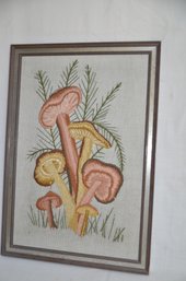 146) Vintage Framed Mushroom Crewel Embroidered Crewel Wall Art 14x20