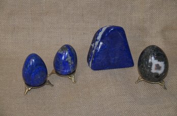 (#133) Blue Granite Marble Eggs Polished Stone Paperweight (2) Grey (1) With Stands And Rock 3.5'H