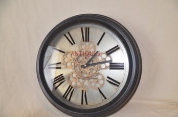 83) Battery Operated Wall Hanging Clock 15.5 Round Metal Antique Look