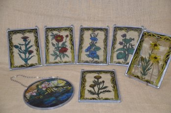 (#145) Stain Glass Flower Pictures Metal Frame Wall Hanging 6 Square 7x5 ~ 1 Round 6.5'