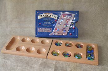 (#109) Mancala Board Game With Gem Stone Pieces In Tin Box