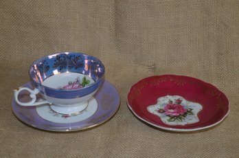 90) Royal Halsey Very Fine Japan Periwinkle Tea Cup Set & Hand Painted Saucer