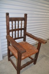 (#9) Antique Wood Oversize Arm Chair Rush Seat