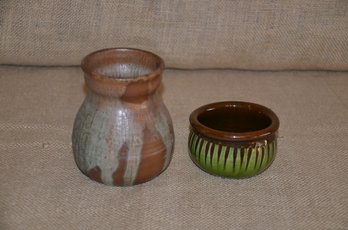 (#20) Pottery Glazed Pitcher 4.5'H And Quebec Pottery Bowl 2'H