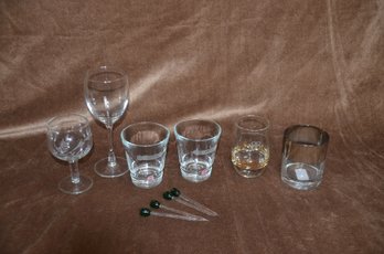 (#106) Lot Of Assorted Barware Glasses And Glass Olive Stirrers