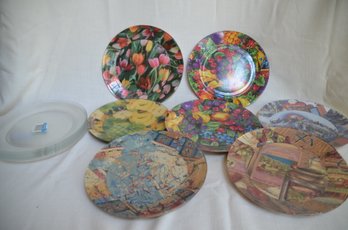 149) Lot Of 7 Decoupaged Plates 10' - Set Of Clear 10' Plates