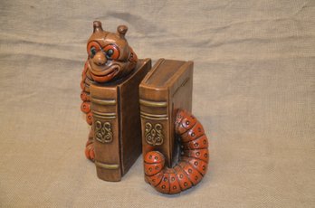 (#12) Vintage Bookworm Bookends Progressive Art Product 1971 Ceramic 3D Hand Painted Heavy