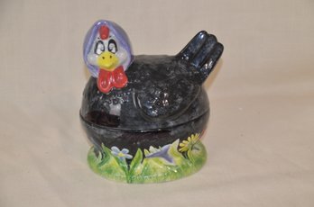 89) Ceramic Crazy Chicken Covered Cookie Jar