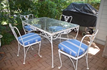 Vintage Wrought Iron Patio Table Glass Top And 4 Chairs With Cushions