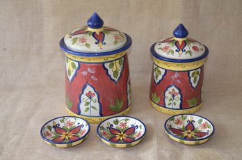 (#115) Pier 1 Ceramic Hand Painted Earthware Vallarta Pattern Seal Top Canisters W/ 3 Dip Bowls 4'