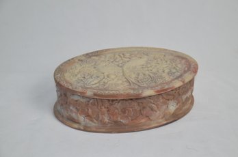 (#58) Vintage Oval Genuine Incolay Brown Stone Hinged (broken) Bird Jewelry Box