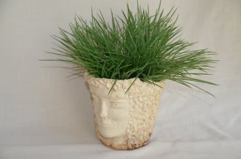 59) Double Face Planter Pottery With Artificial Grass Plant 7.5'H