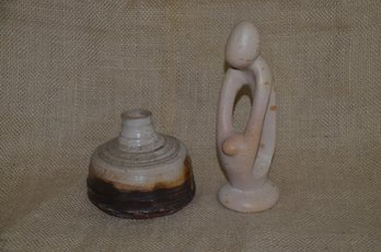 (#95)  Stone Sculpture Made In Kenya 6.5'H And Hand Made Pottery Bud Vase