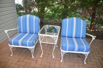 Vintage MCM Wrought Iron Side Chairs And Glass Top End Table ( Zippered Cushion And Snaps To Hold In Place)