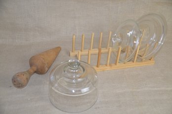 (#99) Wooden Dish Rack ~ 2 Glass Casserole Covers 6.5' And 7.5' ~ Wooden Primitive Kitchen Tool
