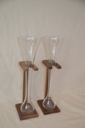 92) Pair Of Yard Of Ale Beer Clear Glass In Wood Stand