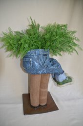 60) Resin Jean Legs Planter And Handmade Pottery Base Artifical Plant