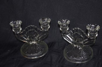 11) Vintage Jeanette Glass Iris & Herringbone Depression Glass Art Deco Double Pair Of Candlestick Holders