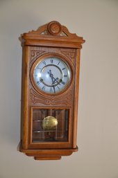 (#54) Wood Wall Hanging Pendulum Clock Chimes With Key - Works
