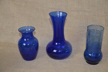 (#159) Cobalt Blue Glass Vases Set Of 3  (5.5'H, 6'H, 8'H)