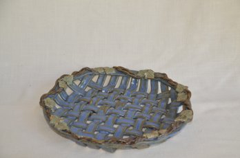 61) Ceramic Pottery Bluish Gray Basket Weave Round Tray 12.5'