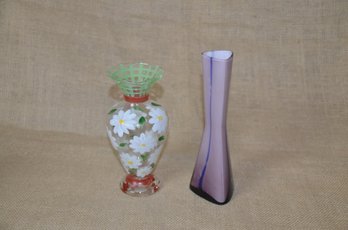 (#161) Bud Vases Art Glass Purple 7.5' ~ Handpainted Floral Vase 6.75'