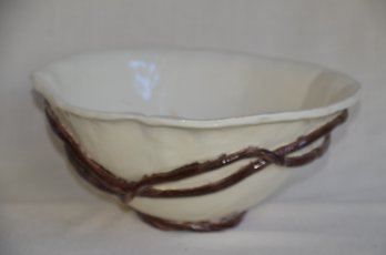 62) Handmade Pottery Ceramic Bowl 12.5' Round Beige With Brown Vines