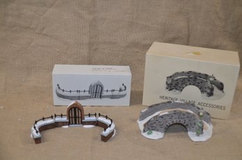 (#119) Department 56 Heritage Dickens Accessories: PORCELAIN CHURCHYARD GATE & FENCE  And STONE BRIDGE