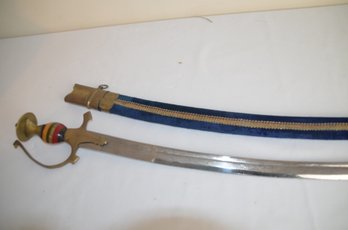 (#10) Vintage India Sabre / Sword Etched Blade Brass Handle Navy Blue Velour Sheath