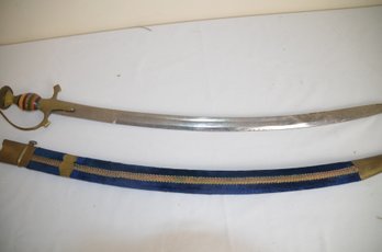 (#11)  Vintage India Sabre / Sword Etched Blade Brass Handle Navy Blue Velour Sheath
