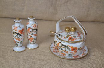 (#31) Asian Noritake Hand Painted Sugar Bowl With Spoon & Plate ~ Salt & Pepper