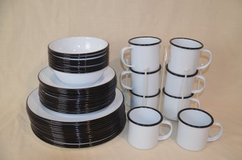 96) Crow Cayon Enamelware Metal Black & White Dinnerware Dish Set 44 Pieces
