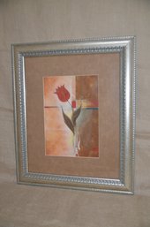 (#117) Framed Rose Print Silver Frame (small Crack On Corner)