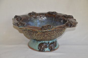 66) Beautiful Ceramic Pottery Large Planter Or Bowl Ephant Design Detail Greenish Brown 15' Round