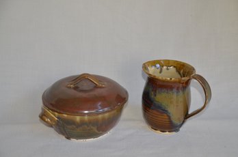 67) Set Of 2 Ceramic Pottery Handmade Bowl 4'H With Lid And Creamer Pitcher 6'H