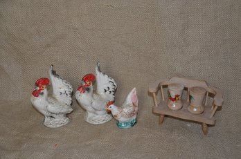 (#93) Mini Ceramic Rooster And Bench Salt And Pepper Shakers - Shippable