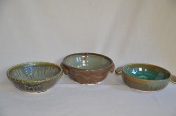 69) Lot Of 3 Handmade Pottery Glazed Bowls About 10'-12' Round