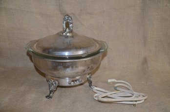 114) Silver Plate Electric Heating Covered Cassarole Footed With Glass Bowl Insert And