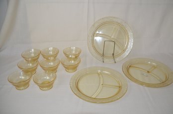 28) McBeth Evans 'S' Pattern Yellow - 3 Grill 10' Plates, 8 Footed Bowls 4x2.5