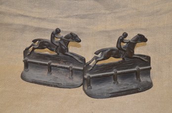 (#33) Vintage Cast Iron Racing Jockey On Horse Bookends / Door Stoppers Bronze Patina