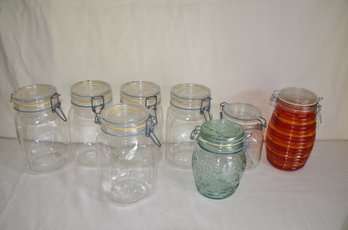 201A) Clear Glass Clamp Bail Wire Snap Lid Mason Jars Canisters Italy Five 1.5 And One 1 Quart