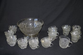 30) Depression Clear Glass Floral Design Punch Bowl Set ( See Description)